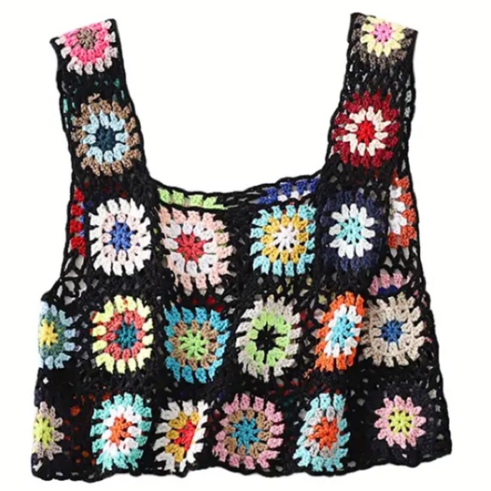 Black & Multi-Color Crochet Crop Top